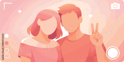 Abstract Couple Selfie. Romantic coffee scene showing two figures sharing a table with steaming cups and soft ambiance, modern