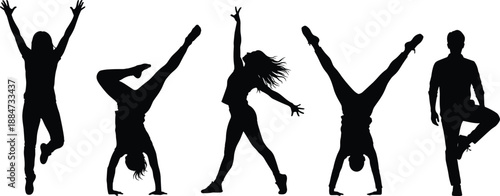 Silhouettes of dancers and acrobats performing energetic poses and movements, expressing creativity, motion, flexibility, rhythm, and artistic performance for modern lifestyle, and fitness concepts.