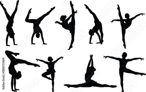 Silhouettes of dancers and gymnasts performing elegant flexibility poses, artistic stretches, representing dance training, gymnastics practice, and expressive body motion for fitness and performance.