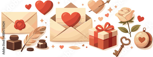 Vintage Romance Illustration. Old-fashioned love symbols like envelopes and hearts arranged with timeless elegance, modern flat