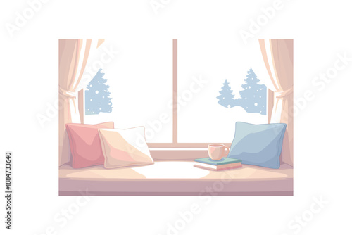 Flat vector background illustration of calm window with pillow silhouettes and snow falling outside soft haze style clean 2D shapes no outlines minimal details matte colors layered depth