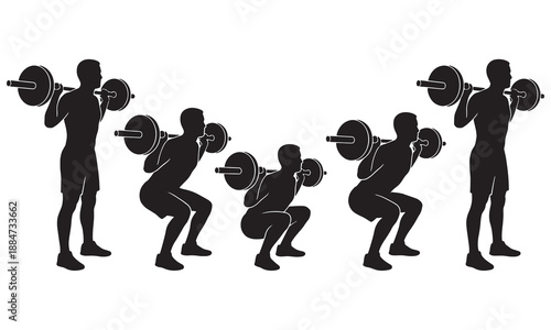Barbell squat exercise silhouette sequence  man lifting weights fitness workout illustration