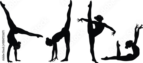 Silhouettes of gymnasts performing flexibility and balance poses, showcasing strength, control, artistic movement, and acrobatic performance for fitness, dance, competition, and lifestyle concepts.