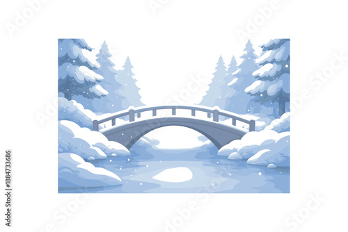 Flat vector background illustration of calm snowy footbridge with simple arch silhouette and soft mist below style clean 2D shapes no outlines minimal details matte colors layered depth