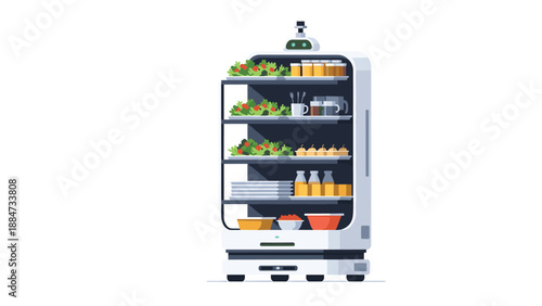 An innovative autonomous robot serving trolley, equipped with multiple shelves filled with various fresh food items, representing future restaurant and catering services.