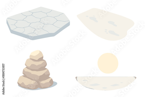 Silent Salt Expanse. Isometric vector illustration set Silent Salt Expanse: cracked surface pattern, faint footprints, dry stone