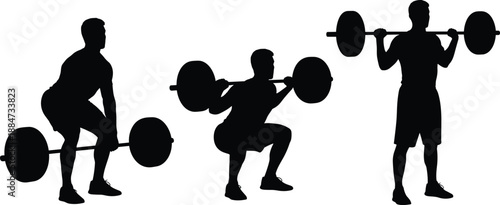 Silhouettes of men performing barbell squats exercises, demonstrating strength training, bodybuilding, and gym workout techniques for powerful fitness routines muscular development performance.