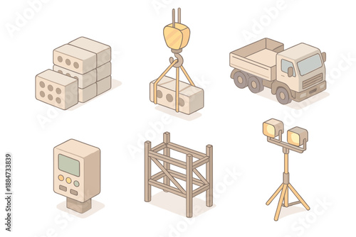 Urban Construction Elements. Isometric vector illustration set Urban Material Symphony: concrete block stacks, crane hook, heavy