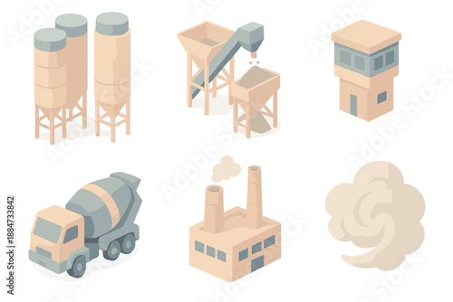 Concrete Plant Symphony. Isometric vector illustration set Concrete Plant Symphony: industrial silos, cement mixer truck, conveyor