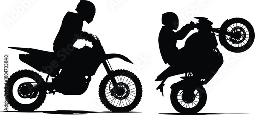 Silhouettes of motocross riders performing stunts , showcasing extreme sports action, off-road biking, adventure, speed, and adrenaline-driven motorsport lifestyle in competitive environments.