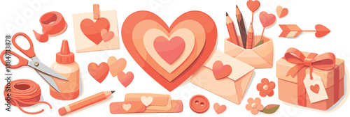 DIY Valentine Elements. Playful do-it-yourself Valentine elements arranged with cozy handmade charm, modern flat vector