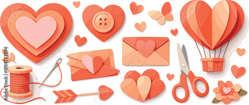 Handmade Valentine Art. Paper-cut hearts and love symbols arranged with cozy handmade charm, modern flat vector illustration