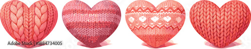 Knitted Hearts Illustration. Handmade woolen hearts illustrated with stitched knit patterns and rounded volume, modern flat vector