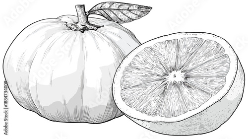 A black and white illustration of citrus fruit, one whole and one half cut to show the interior