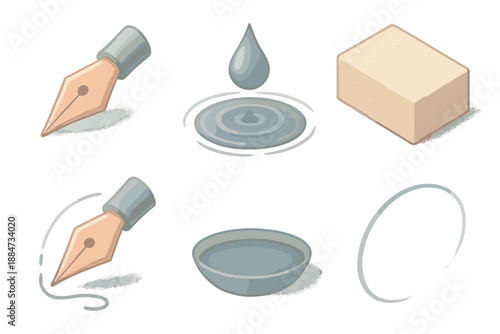 Isometric Icon Artistry. Isometric vector illustration set Artistic Pen Pressure: metallic nib, variable stroke width, gradient