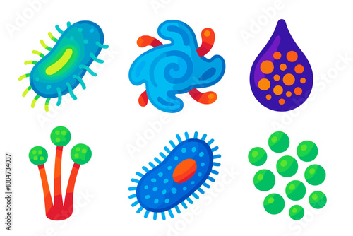 Vibrant Microbe Icons. Isometric vector illustration set Living Ink Microbe: glowing bacteria, swirling amoeba, ink droplet colony