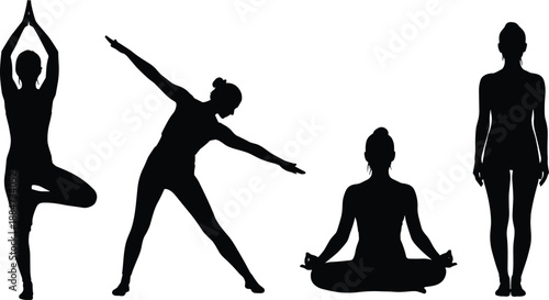 Silhouettes of women practicing yoga and meditation poses, demonstrating balance,  mindfulness, and calm wellness exercises for healthy fitness routines, peaceful lifestyle training.