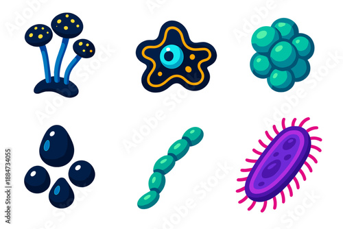 Living Microbe Icons. Isometric vector illustration set Living Ink Microbe: microscopic fungi, glowing amoeba, ink droplet colony,