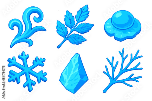 Frosty Isometric Icons. Isometric vector illustration set Frost Windowpane: frost ribbon pattern, icy leaf cluster, frozen dew,