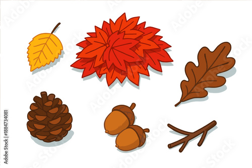 Autumn Leaf Collection. Isometric vector illustration set Autumn Leaf Pile: yellow birch leaf, crimson maple cluster, brown oak