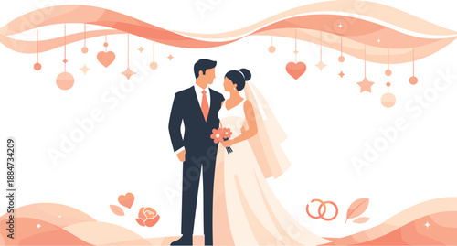 Modern Wedding Illustration. Minimal bride and groom figures standing together beneath flowing decorative elements, modern flat