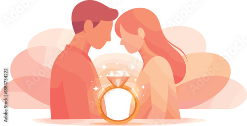 Minimal Engagement Love. Minimal couple figures standing close as a ring sparkles softly between them, modern flat vector