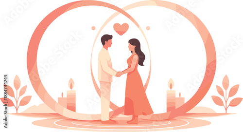 Minimalist Love Ceremony. Minimal figures standing together in a ritual moment defined by rings and calm symmetry, modern flat