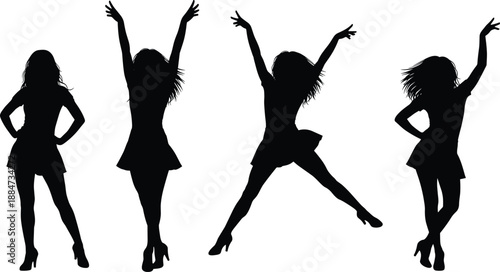 Silhouettes of young women dancing and posing, expressing rhythm, confidence, motion, entertainment, and modern lifestyle concepts for performance, celebration, and creative artistic expression.