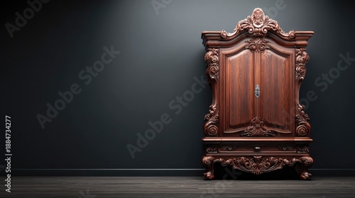 Ornate dark wood wardrobe stands against a muted background with spotlight illumination