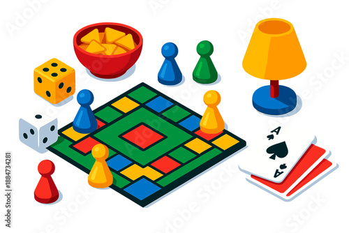 Board Game Night. Isometric vector illustration set Board Game Night: miniature figurines, game board, rolling dice, playing cards