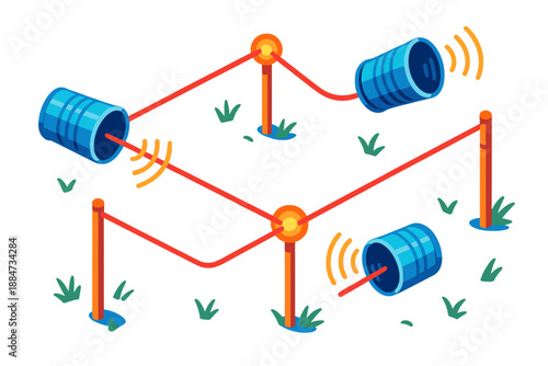 Vibrant Tin Can Network. Isometric vector illustration set Tin Can Telephone Network: tin can communication setup, taut strings,
