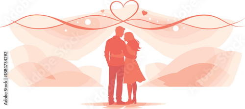 Eternal Love Silhouettes. Romantic couple silhouettes standing together beneath a continuous flowing line of connection, modern