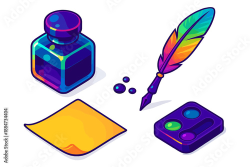 Iridescent Ink Set. Isometric vector illustration set Iridescent Gall Ink: ornate glass ink bottle, quill pen with iridescent tip,