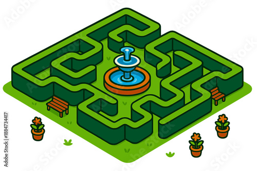 Urban Hedge Maze. Isometric vector illustration set Urban Hedge Maze: green labyrinth, fountain centerpiece, winding alleys,