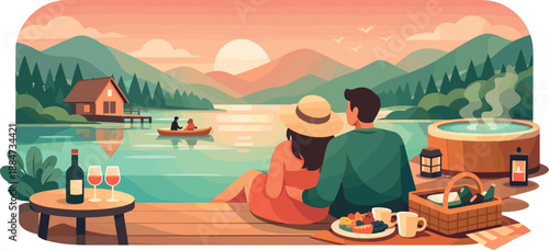 Romantic Getaway Scene. Romantic weekend trip scene showing two figures enjoying quiet time away from routine, modern flat vector