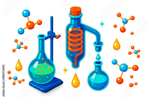 Molecular Distillation Art. Isometric vector illustration set Molecular Distillation Art: glass distillation apparatus, boiling