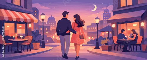 City Evening Romance. Romantic metropolitan evening scene with two figures walking past cafés and buildings, modern flat vector