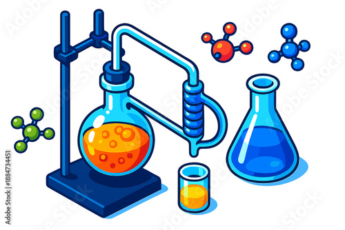 Molecular Distillation Setup. Isometric vector illustration set Molecular Distillation Art: glass distillation setup, boiling