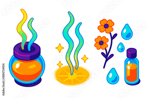Olfactory Memory Icons. Isometric vector illustration set Olfactory Memory Trigger: scent jar, glowing aroma trails, tiny dried