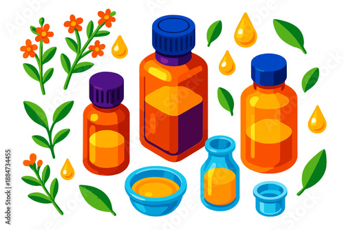 Botanical Essence Icons. Isometric vector illustration set Botanical Essence Story: aromatic essence bottles, tiny flowering
