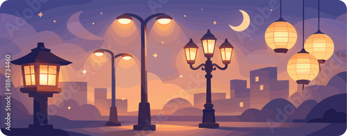 Dreamy Night Lights. Soft lanterns and streetlights creating a dreamy nighttime mood with gentle light halos, modern flat vector