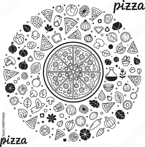 Circular mandala pattern of pizza ingredients and whole pizza, black and white vector art.