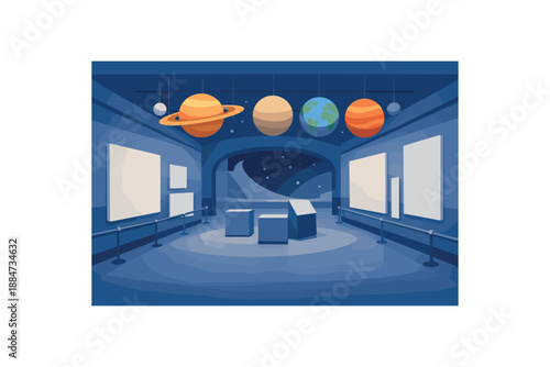 Flat vector illustration of space museum hallway without people: exhibit panels as blank shapes and hanging planet models style clean 2D shapes no outlines minimal details layered depth