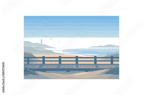 Flat vector background illustration of calm coastal boardwalk with railing silhouettes and dunes fading into mist style clean 2D shapes no outlines minimal details matte colors layered