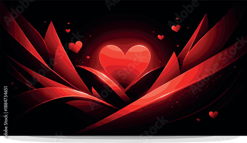 Dramatic Red Geometry. Dramatic romantic composition built from sharp red forms emerging from a dark black backdrop, modern flat