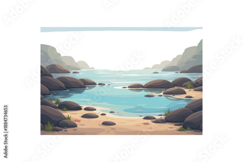 Flat vector background illustration of quiet tide pool shoreline with simple rock silhouettes and calm haze style clean 2D shapes no outlines minimal details matte colors layered depth