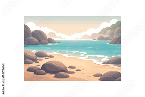Flat vector background illustration of peaceful rocky beach with rounded stone silhouettes and soft misty distance style clean 2D shapes no outlines minimal details matte colors layered