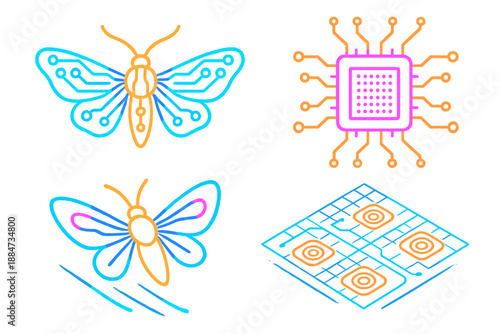 Luminous Circuit Moth. Isometric vector illustration set Moth Wing Circuit: luminous circuit wings, neon microchip nodes, floating