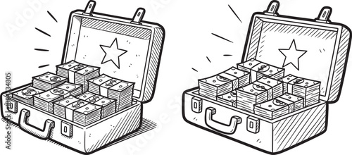 Open briefcase stuffed with money stacks and dollar signs, hand-drawn sketch style illustration.
