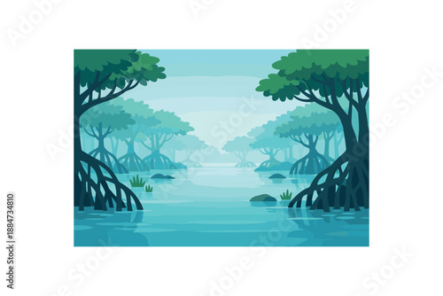 Flat vector background illustration of peaceful mangrove swamp with root silhouettes and soft water haze style clean 2D shapes no outlines minimal details matte colors layered depth gentle